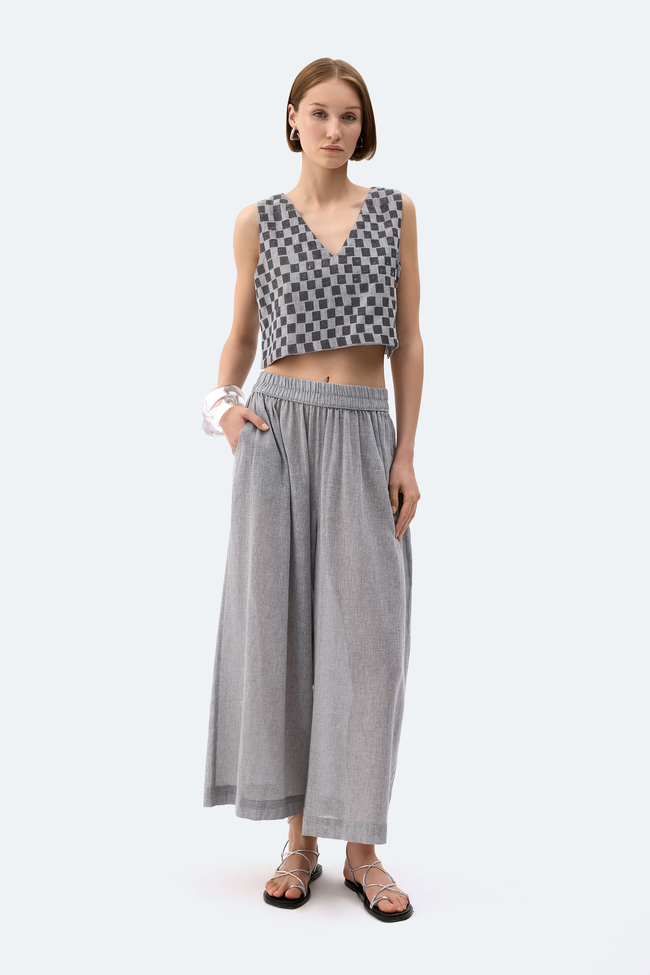 Dama Desenli Crop Bluz