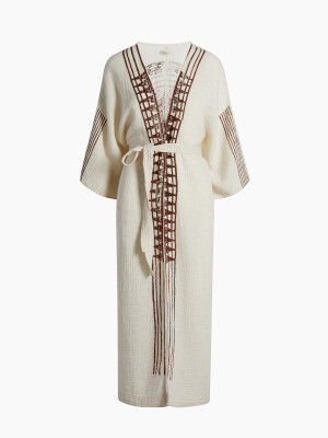 Crinkle Linen Kahverengi Baskılı Kimono