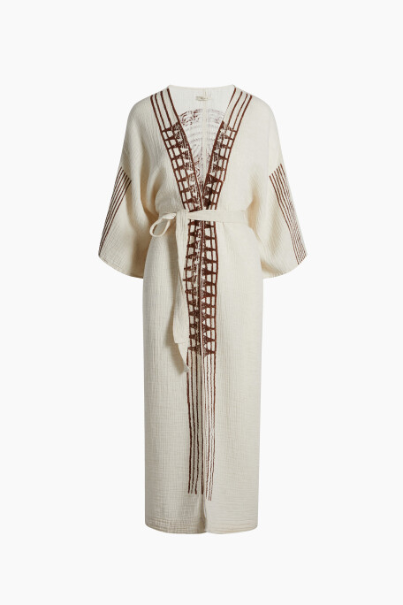 Crinkle Linen Kahverengi Baskılı Kimono