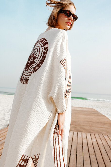 Crinkle Linen Kahverengi Baskılı Kimono